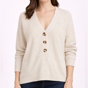 Madewell Cream V-Neck Sweater with Button Accents Merino Wool Medium Large